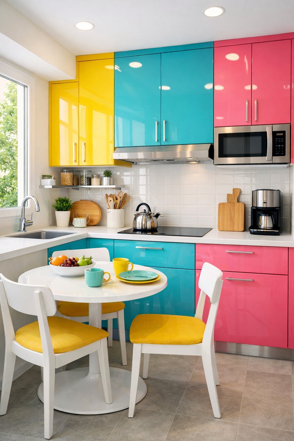 15 Very Small Kitchen Ideas On A Budget: Five Practical Solutions for Maximum Impact 6 A small kitchen with bright glossy cabinets and natural light, showing an organized and compact cooking area.