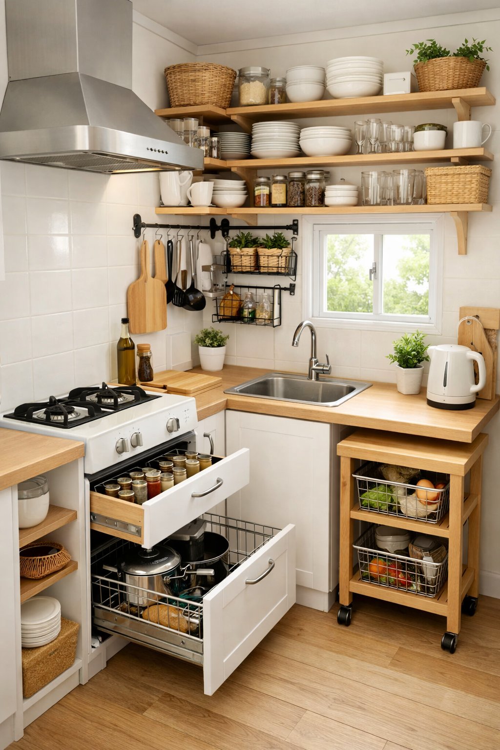 15 Very Small Kitchen Ideas On A Budget: Five Practical Solutions for Maximum Impact 10 A small, bright kitchen with compact appliances and clever storage solutions, showing an efficient and tidy layout.