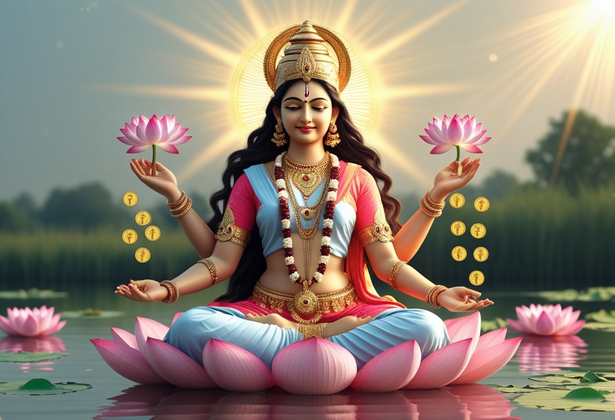 Eine Frau in traditioneller indischer Kleidung sitzt auf einer großen Lotusblume auf Wasser, umgeben von Blumen und sanftem Licht.