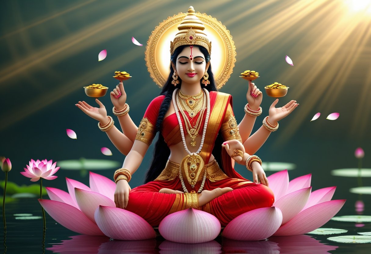 Die hinduistische Göttin Lakshmi sitzt auf einer großen rosa Lotusblume, umgeben von Lotusblütenblättern und hält Lotusblumen und einen Goldtopf in ihren Händen.