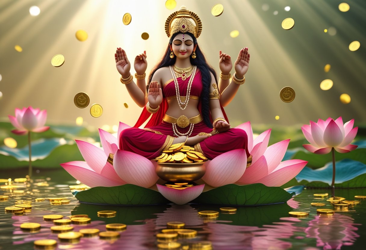 Eine friedliche Darstellung der Göttin Lakshmi, sitzend auf einer Lotusblume mit goldenen Münzen und Lotusblumen um sie herum.