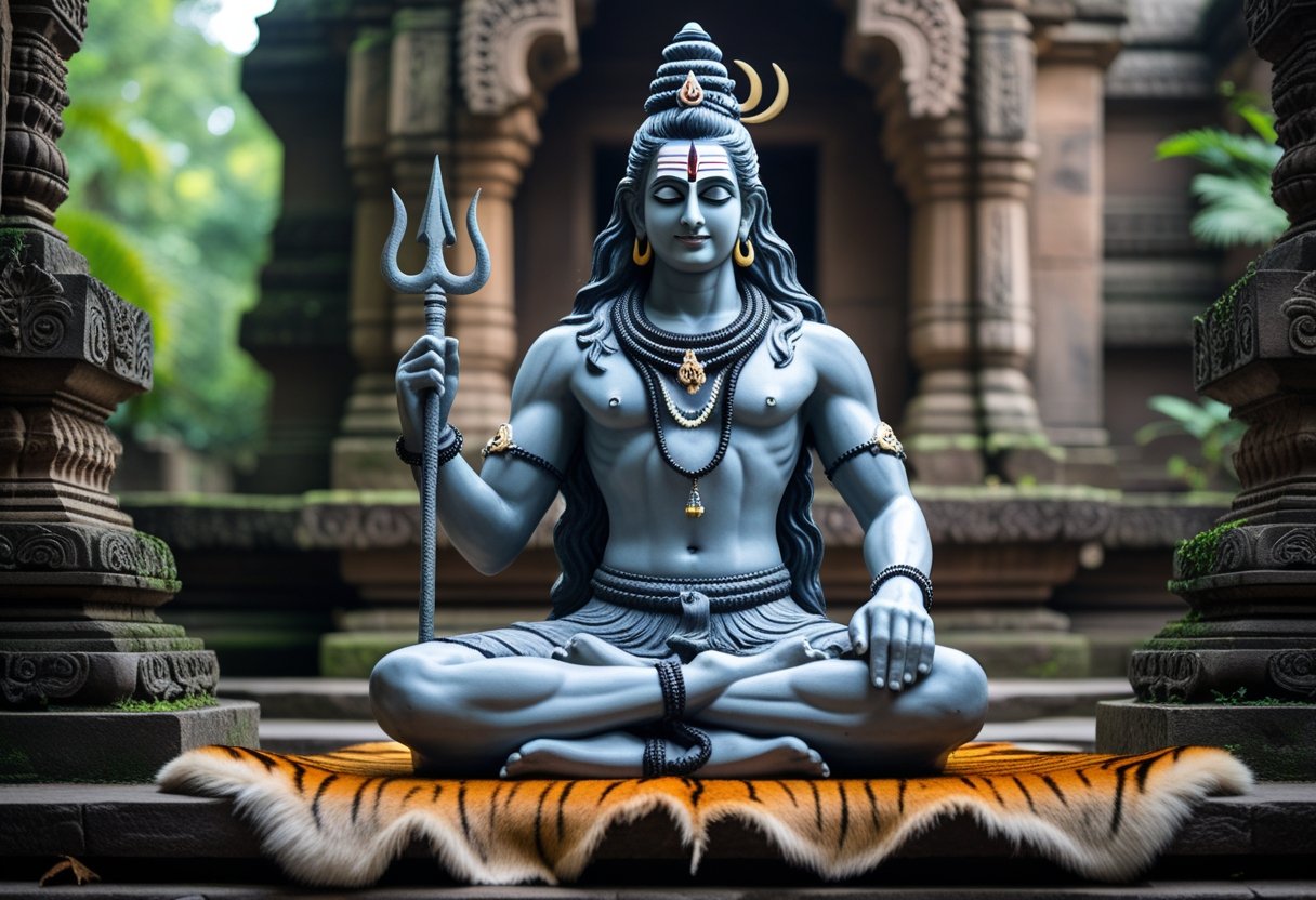 Eine Statue von Shiva vor einem alten Tempel mit Steinmetzarbeiten und grüner Umgebung.