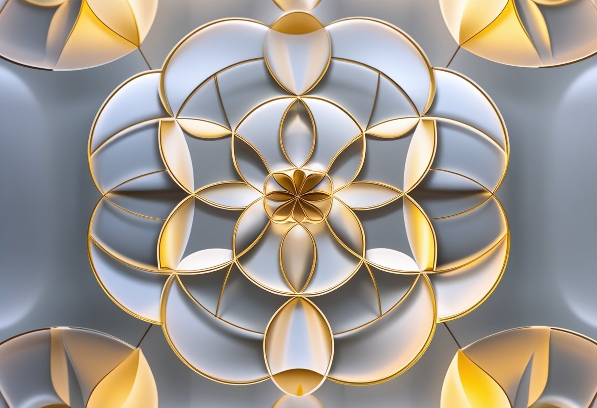 Nahaufnahme des geometrischen Musters der Blume des Lebens mit überlappenden Kreisen in einem harmonischen Design.