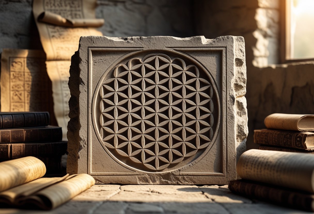 Ein antikes Steintablett mit der eingravierten Blume des Lebens, umgeben von alten Schriftrollen und Büchern.