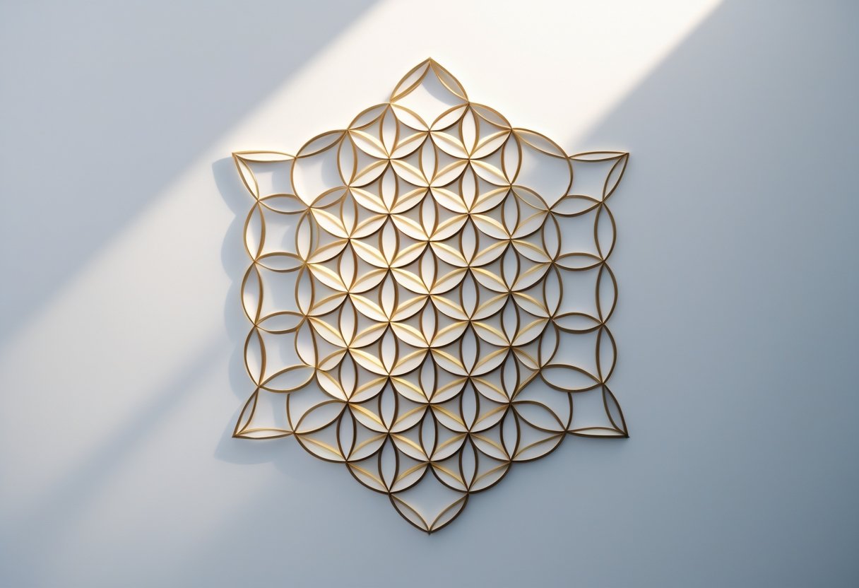 Ein symmetrisches, geometrisches Muster aus überlappenden Kreisen, das die Blume des Lebens darstellt.