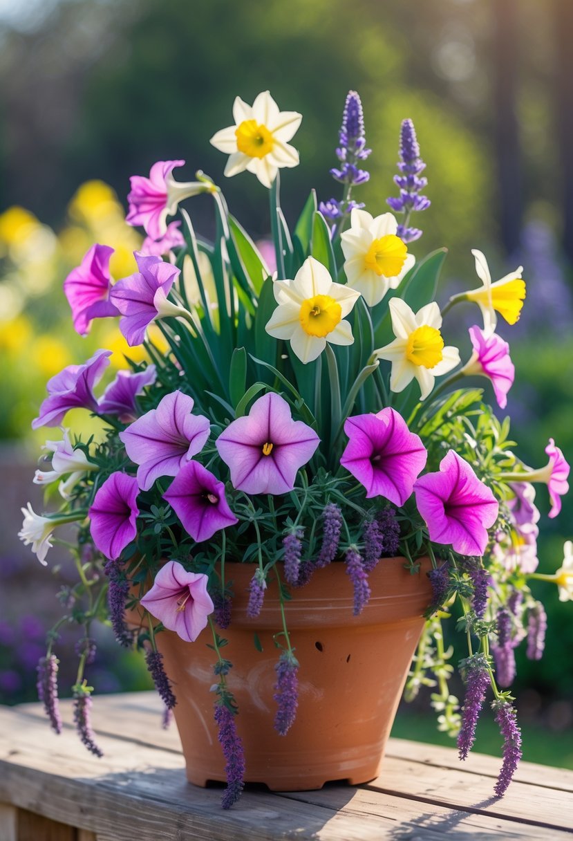 A planter overflowing with cascading petunias, yellow daffodils, and lavender flowers outdoors.