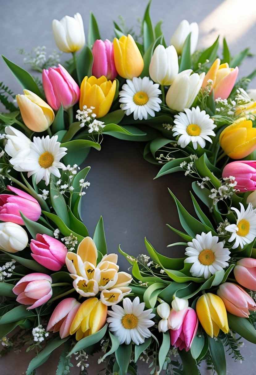 A circular spring wreath made of pink and yellow tulips and white daisies with green leaves.