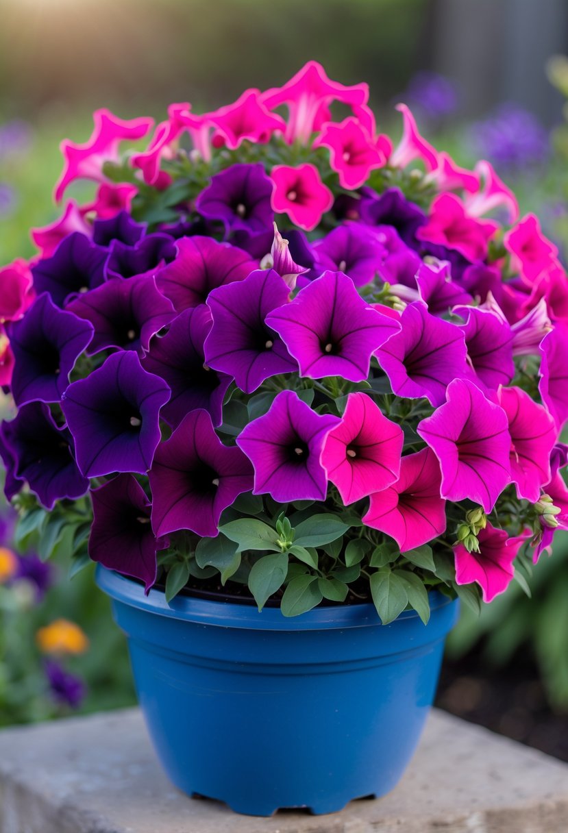 A planter filled with blooming deep purple and bright pink petunias outdoors.