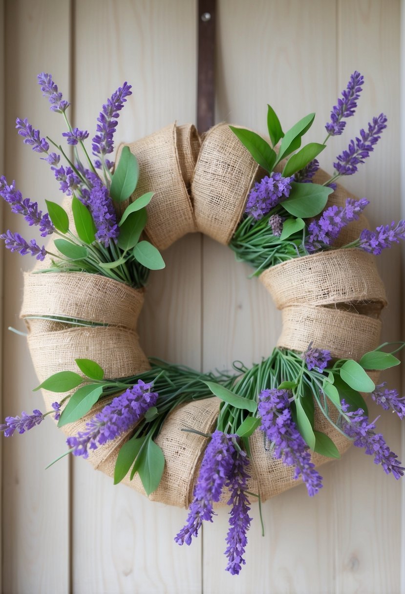 A close-up of a wreath made of burlap and lavender hanging on a light wooden background.