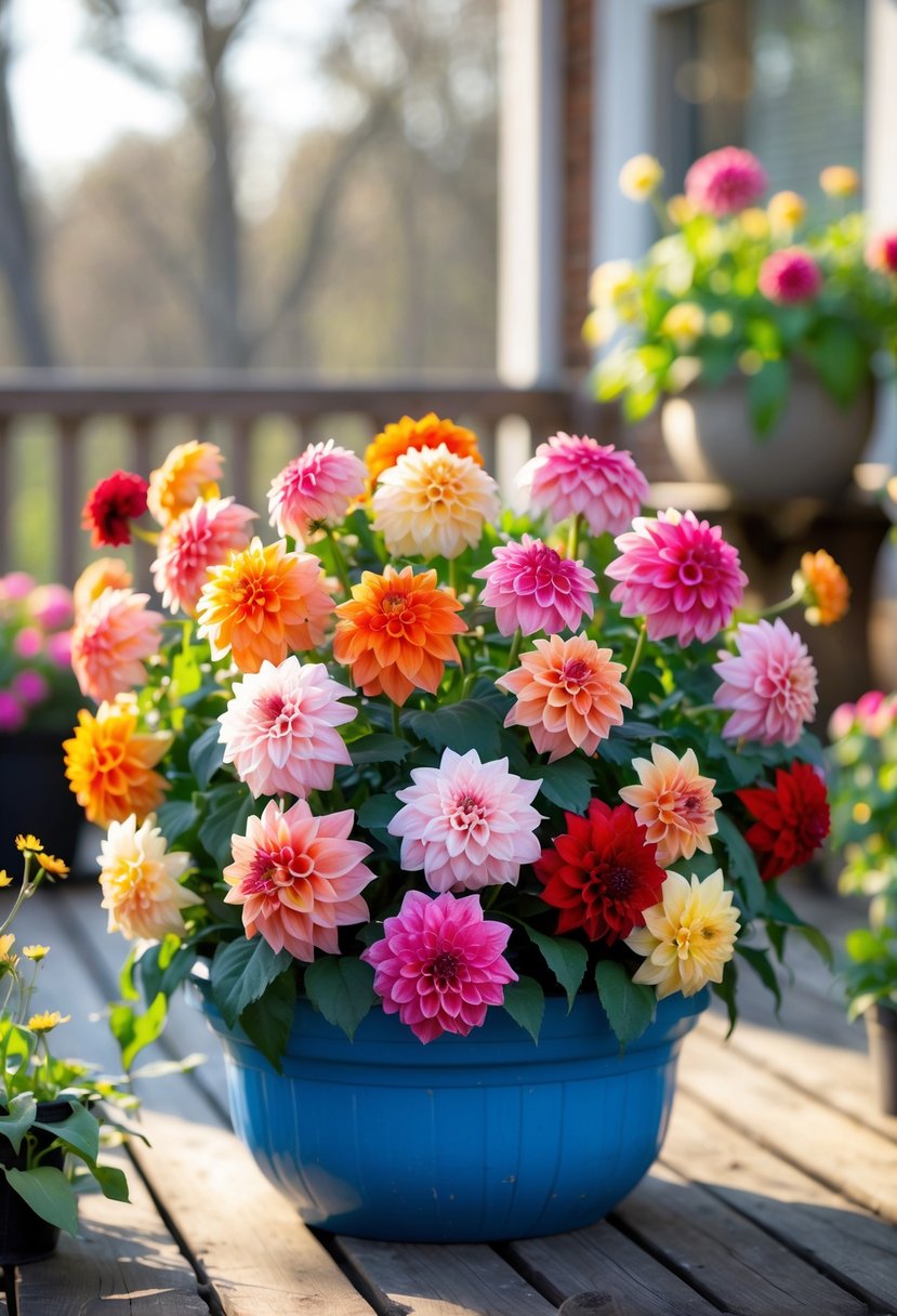 A colorful planter filled with blooming multi-colored dahlias placed outdoors on a wooden surface with green plants in the background.