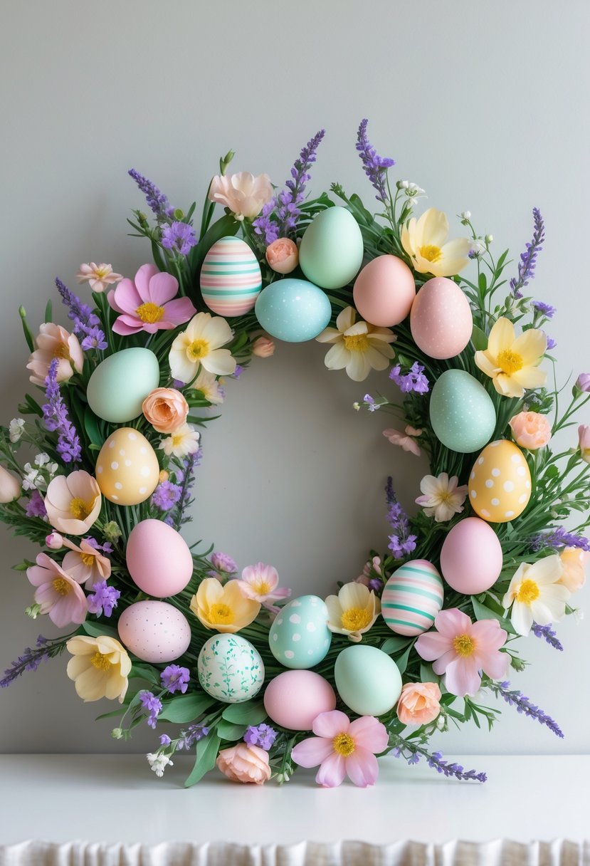 A circular wreath decorated with pastel-colored spring flowers and Easter eggs on a plain background.