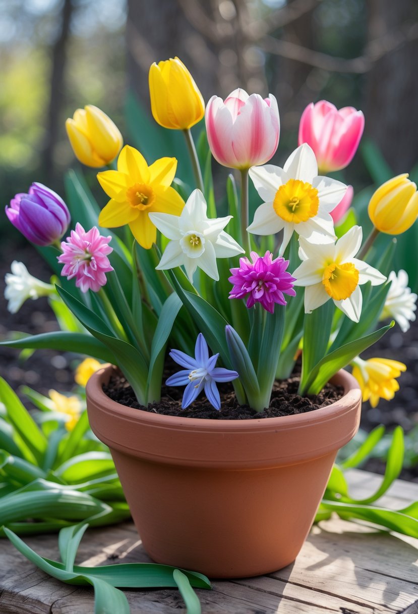 Terracotta pot filled with blooming spring flowers including tulips, daffodils, and hyacinths on a wooden surface.