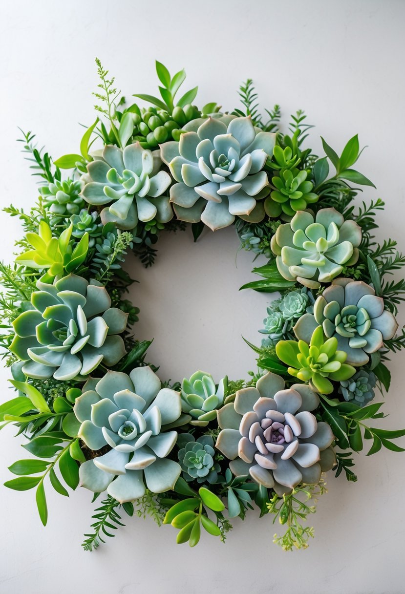 A circular wreath made of various green succulents and leafy greenery on a plain background.