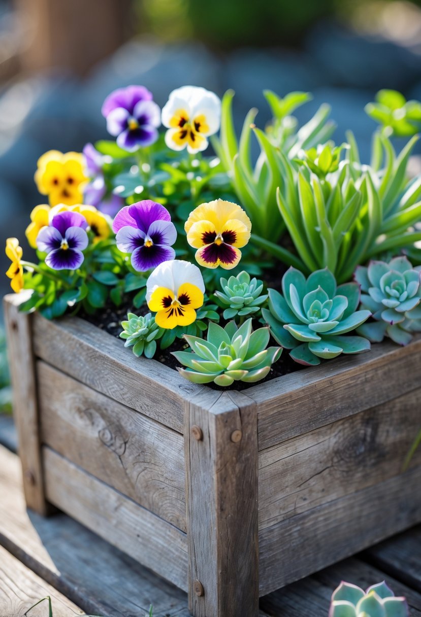 A rustic wooden planter filled with colorful pansies and green succulents placed outdoors on a wooden surface.