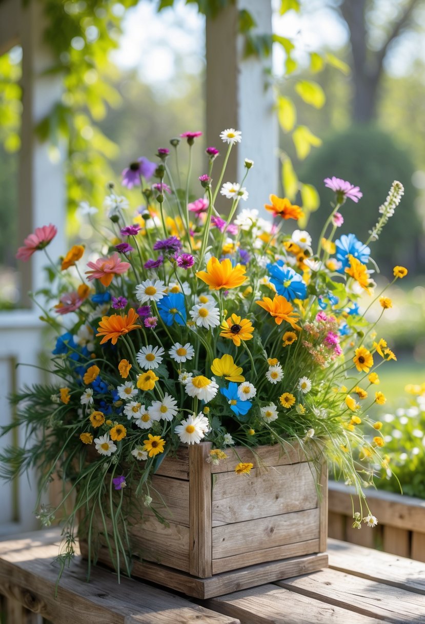 A rustic wooden planter filled with colorful wildflowers sitting on a wooden surface with green foliage in the background.