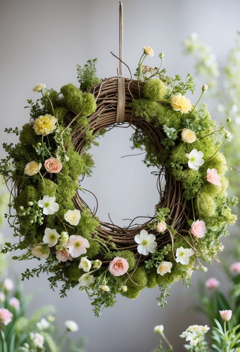 A grapevine wreath decorated with green moss and colorful wildflowers hanging against a blurred background.