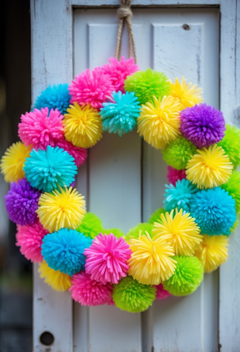 A colorful spring wreath made of fluffy pom-poms hanging on a white wooden surface.