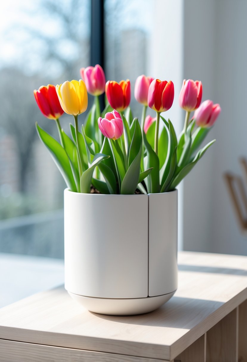 A white minimalist planter filled with colorful tulips on a wooden surface with a softly blurred background.
