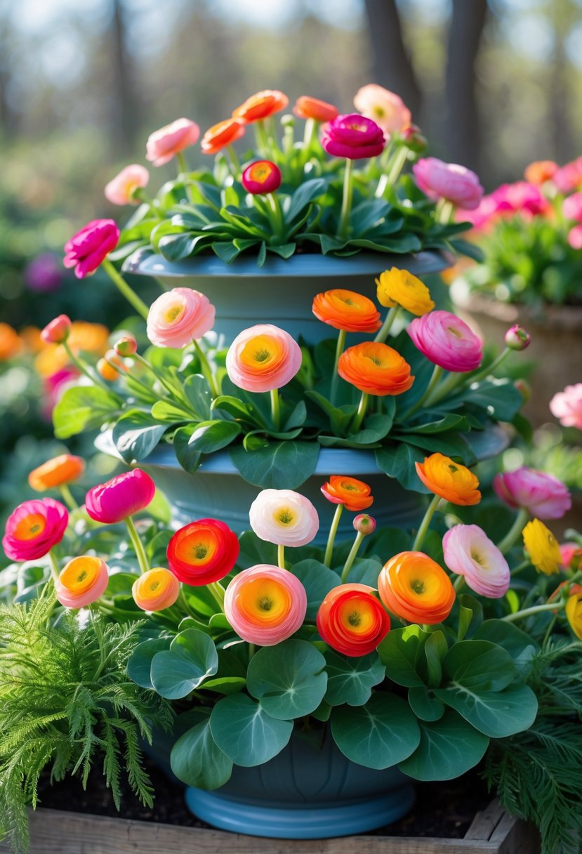 A multi-tiered planter filled with colorful ranunculus flowers and green leaves.