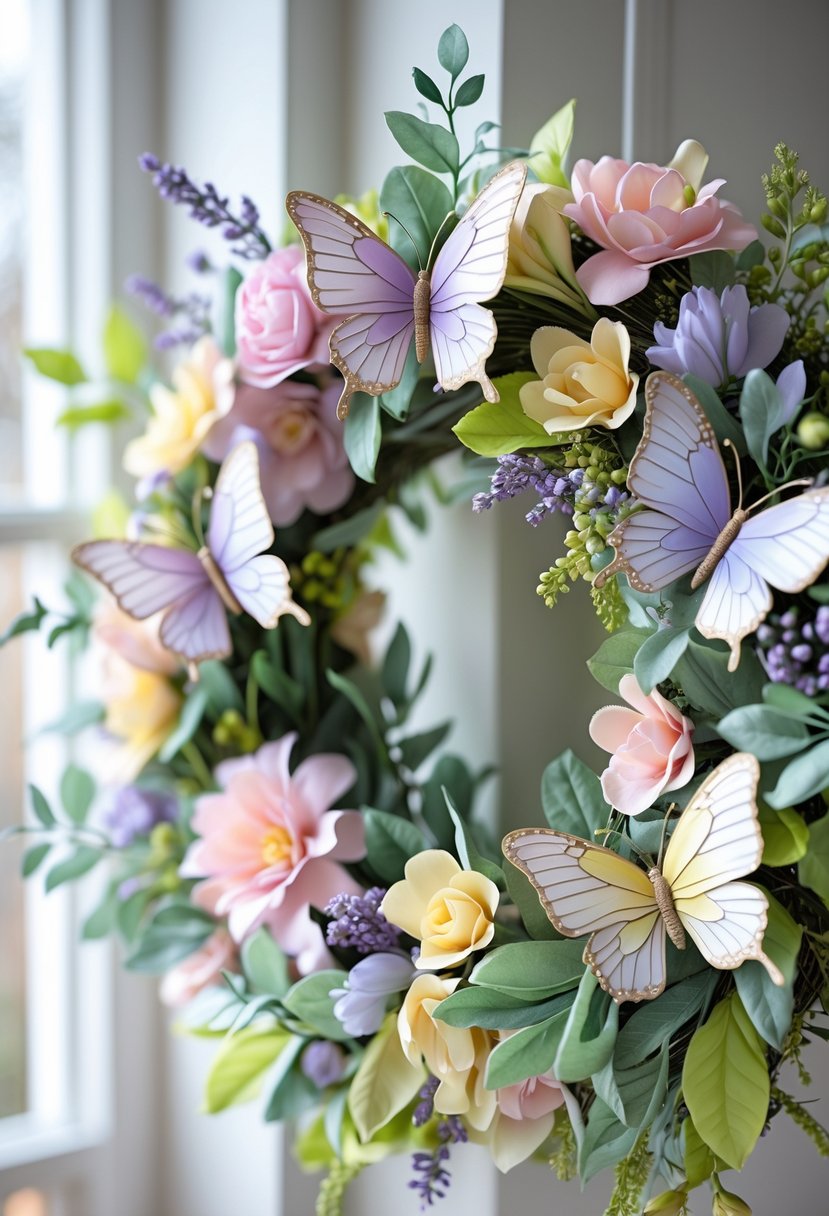 A spring wreath decorated with silk flowers and butterfly ornaments.