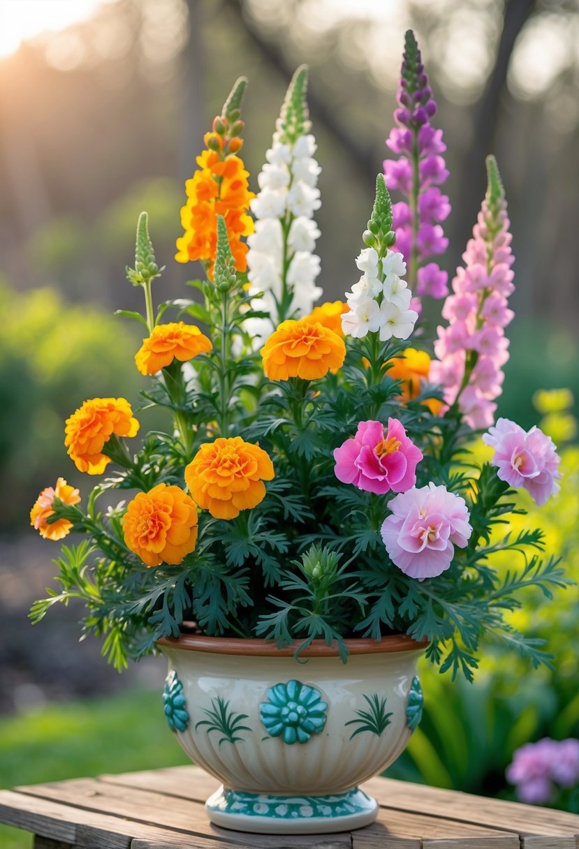 A colorful planter filled with bright marigold and snapdragon flowers outdoors on a wooden surface.