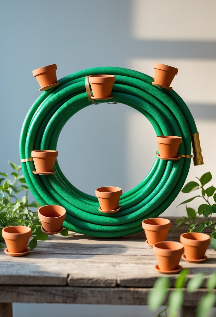 A circular wreath made from a green garden hose decorated with small terracotta pots, placed on a wooden surface.