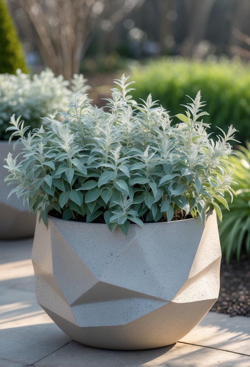 A bold textured planter filled with silvery dusty miller plants outdoors on a spring day.
