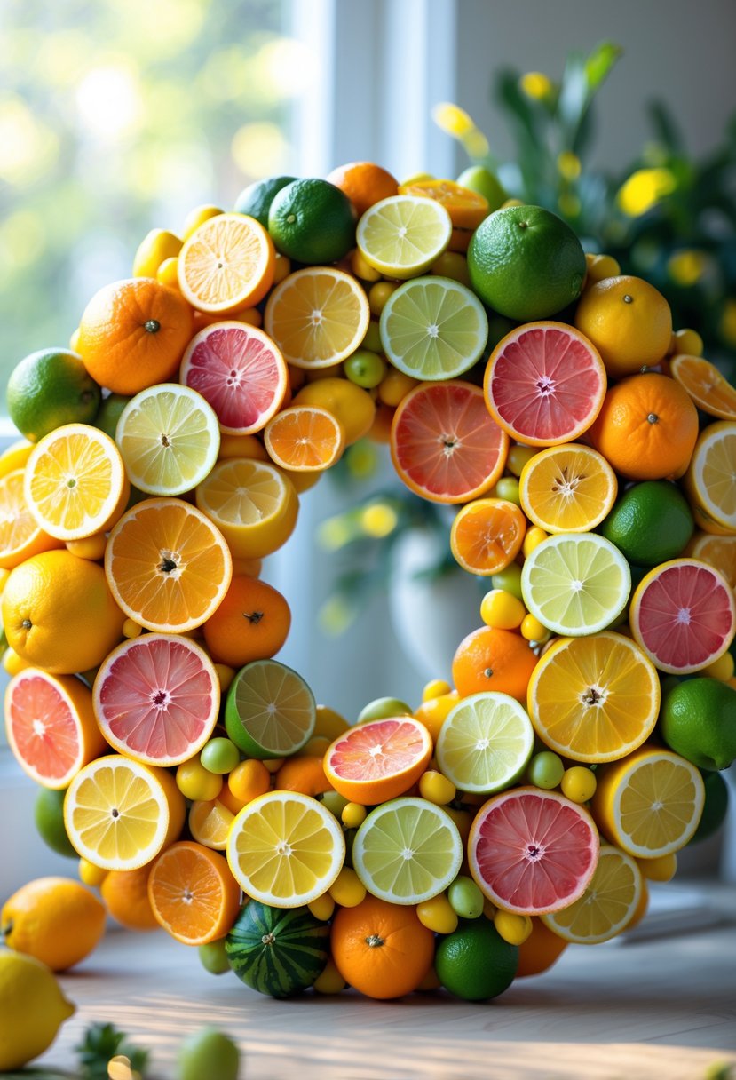 A circular wreath made of colorful citrus fruit slices including oranges, lemons, limes, and grapefruits.