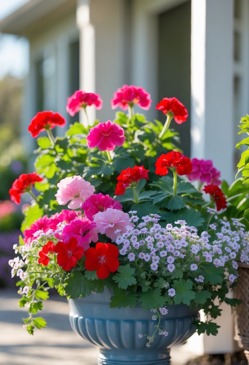 A colorful outdoor planter filled with blooming red and pink geraniums and white and purple alyssum flowers.