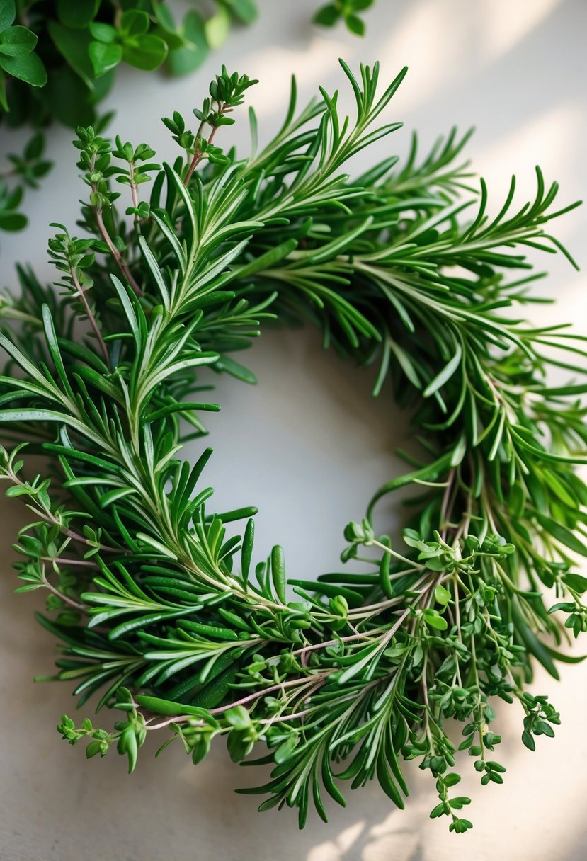 A fresh circular wreath made of rosemary and thyme herbs on a blurred neutral background.