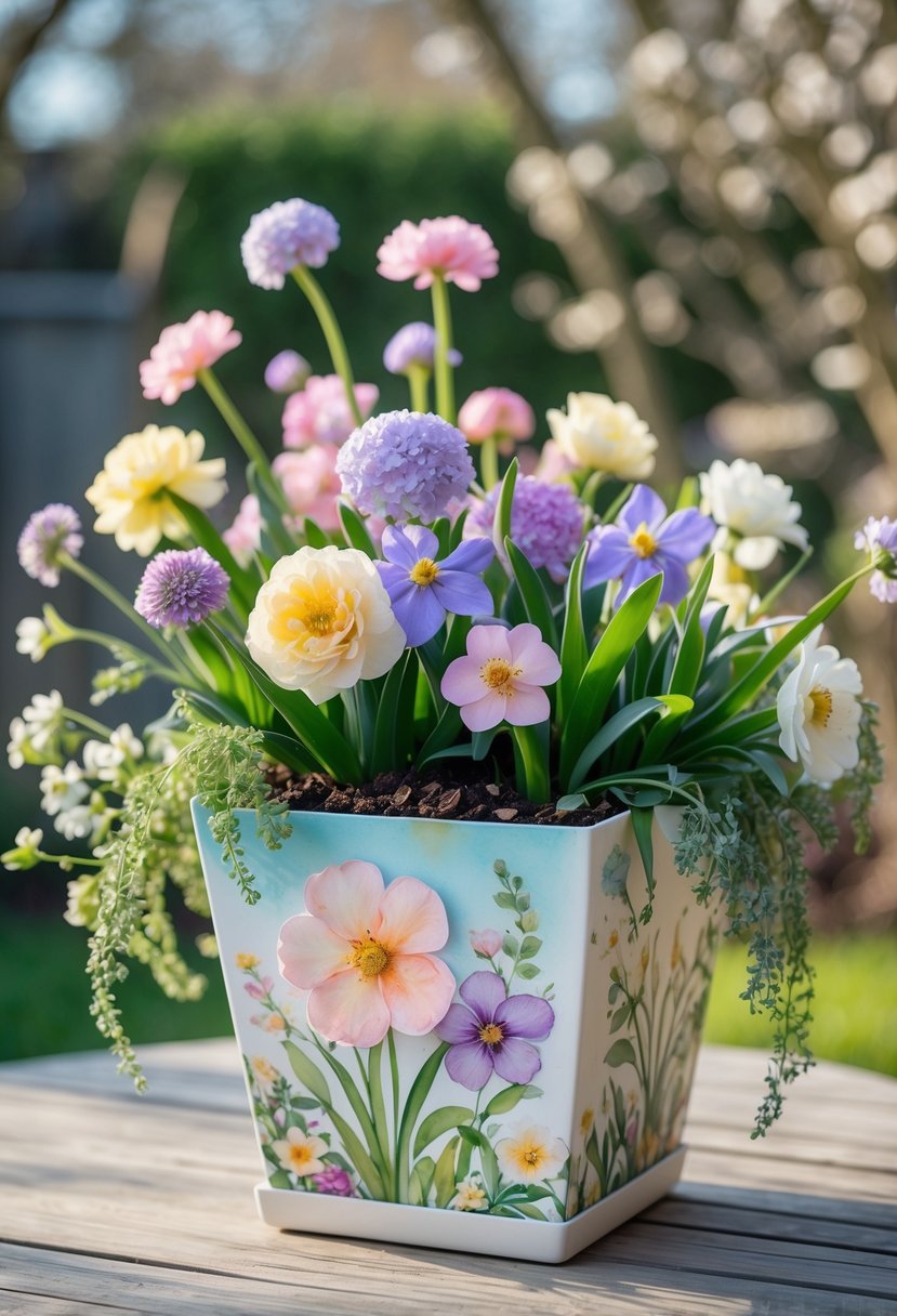 A spring planter decorated with floral patterns filled with colorful blooming flowers on a wooden table outdoors.