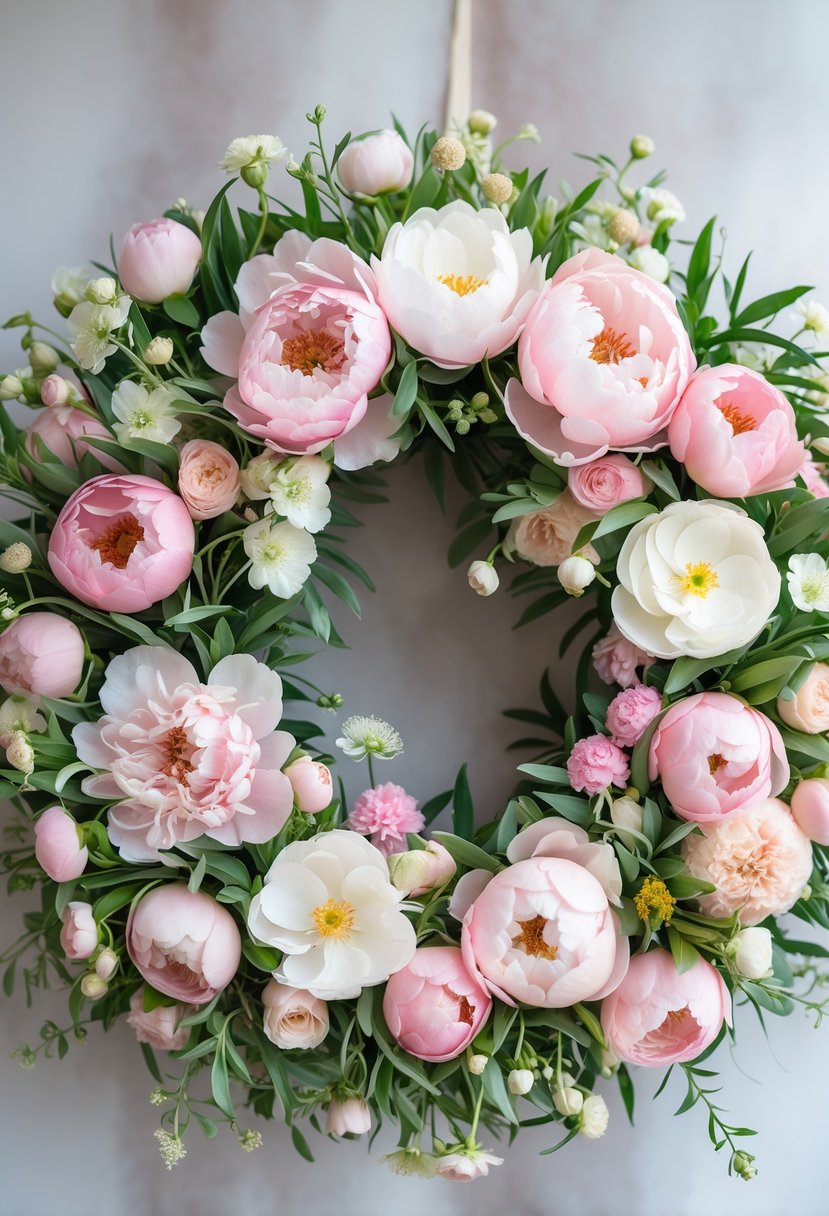 A circular wreath made of pink peonies, ranunculus, and green leaves on a neutral background.