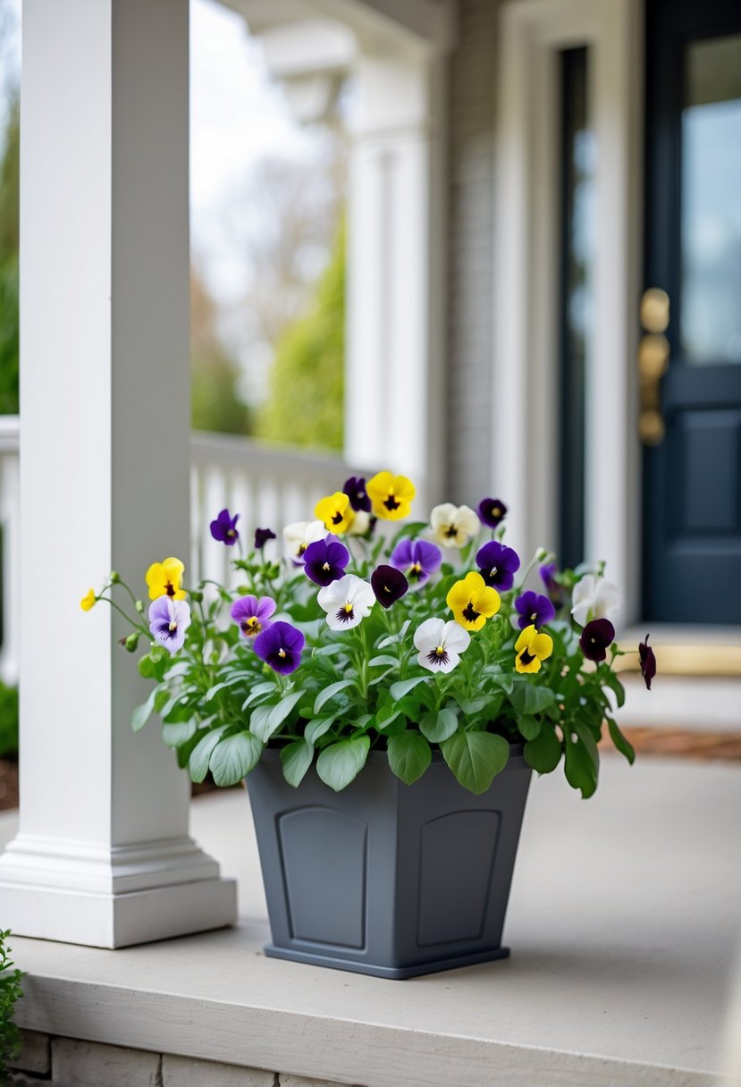 A compact front porch planter filled with colorful violas on a clean porch.