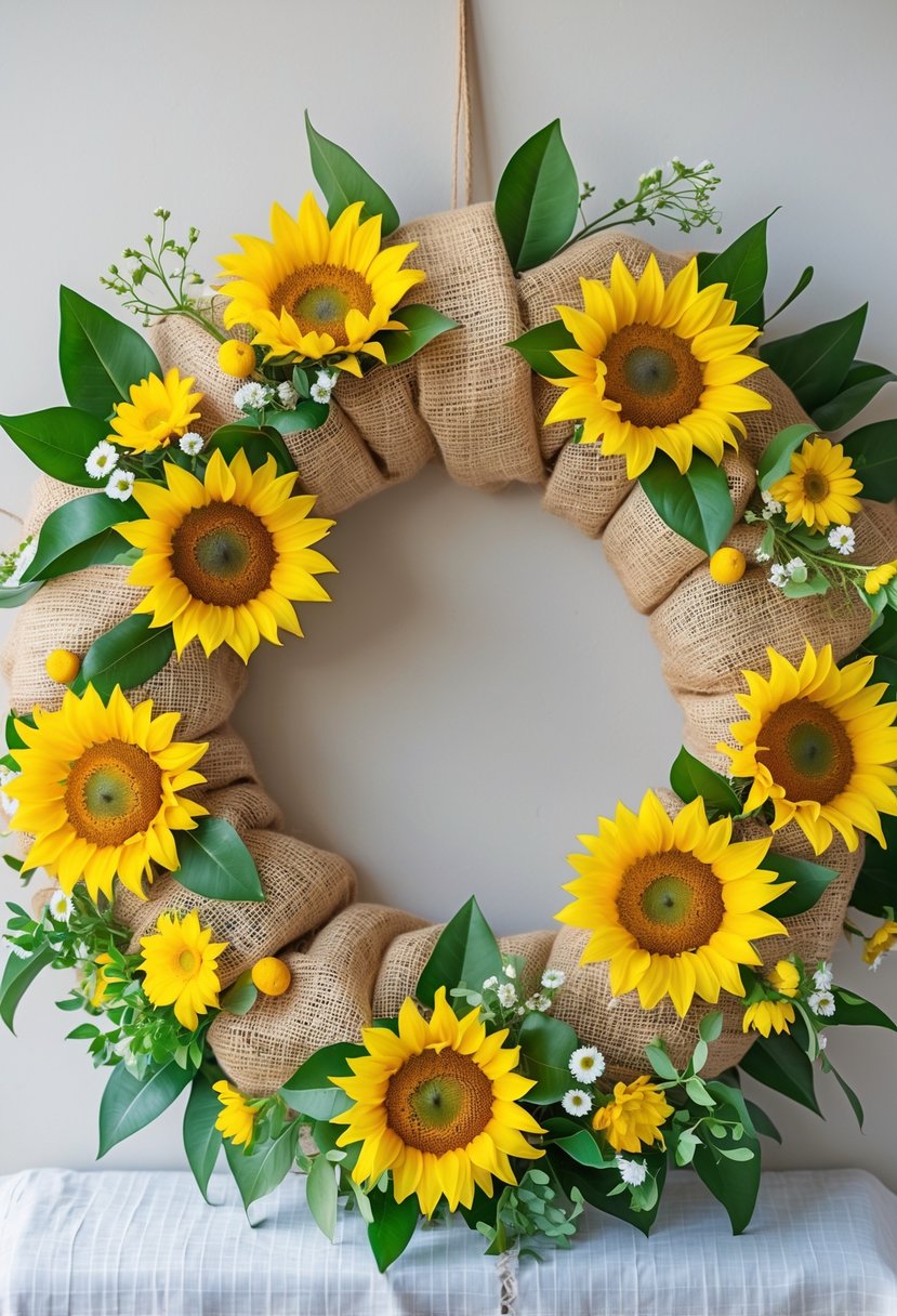 A circular spring wreath made of yellow sunflowers, green leaves, small white flowers, and burlap material against a neutral background.