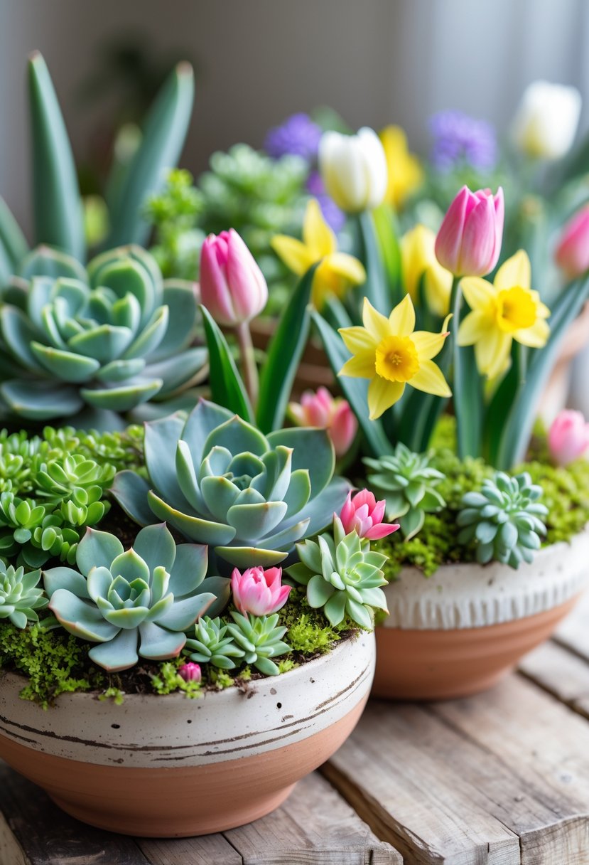 A colorful arrangement of succulents and spring flowers in decorative planters on a wooden surface.