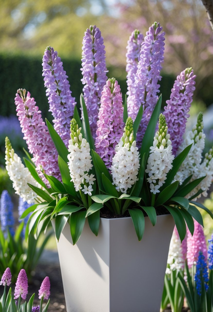 A tall planter filled with blooming lilacs and hyacinths outdoors in a garden setting.