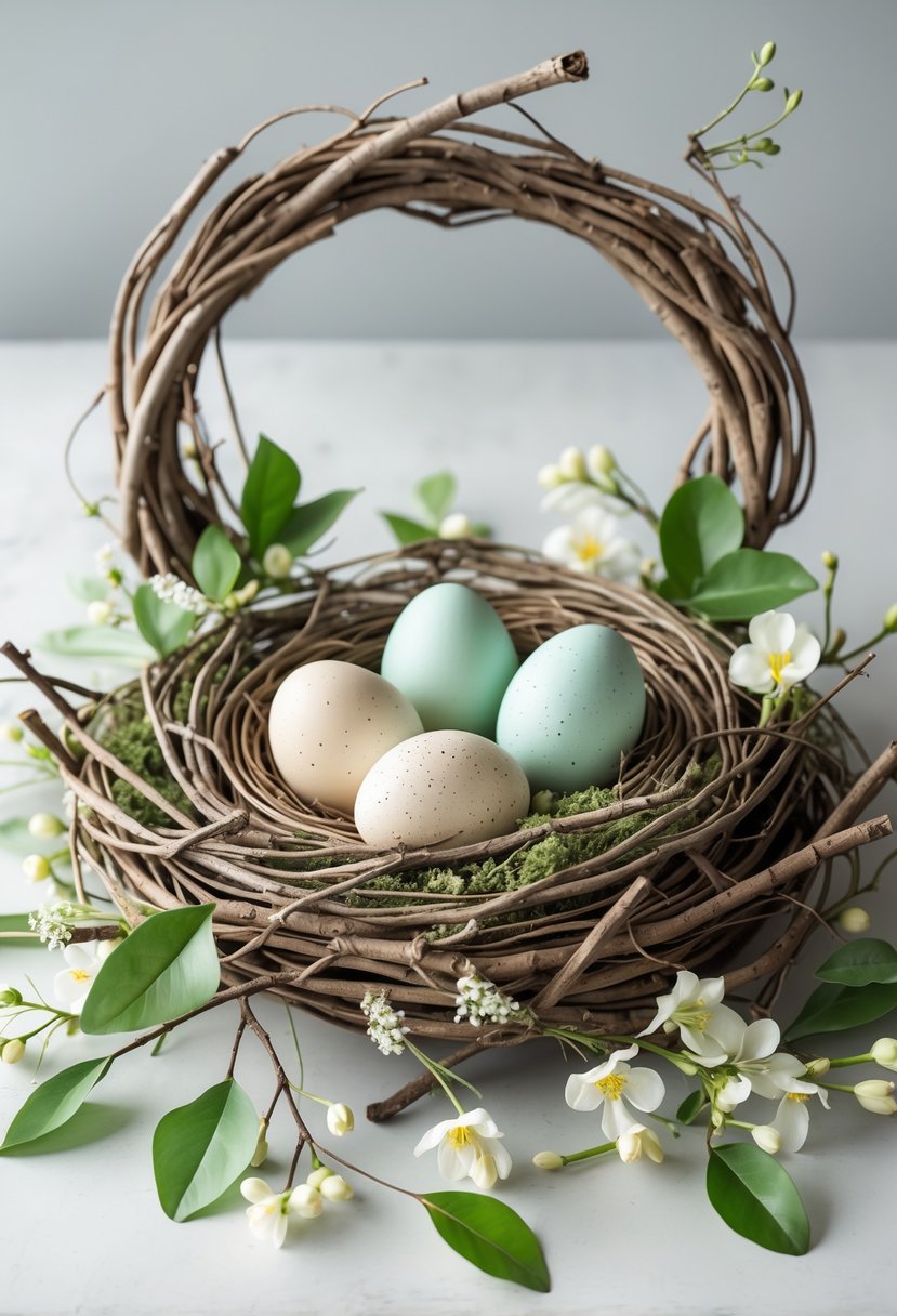 A circular bird nest wreath made of twigs with several pastel-colored faux eggs and green leaves, displayed against a neutral background.