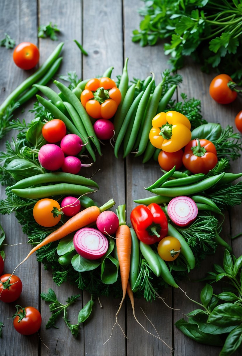 A circular arrangement of fresh spring vegetables forming a wreath on a rustic wooden surface.