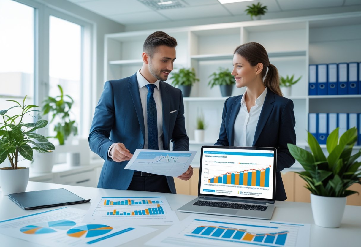 Zwei Fachleute besprechen in einem modernen Büro Dokumente und Diagramme zur Energieeffizienz.