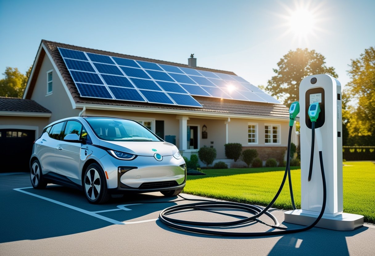 Ein Elektroauto wird an einer Ladestation neben einem Haus mit Solarpaneelen auf dem Dach aufgeladen.