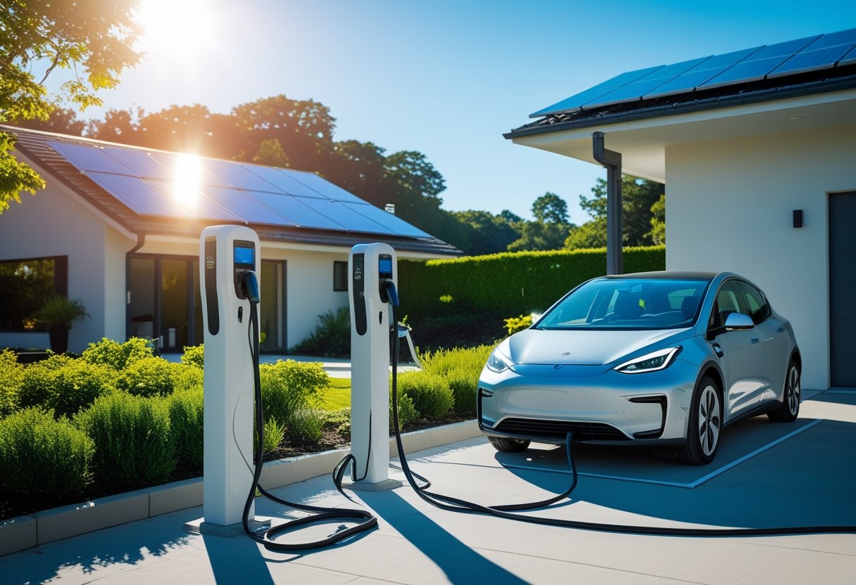 Ein modernes Elektroauto wird zu Hause an einer Ladestation mit Strom von Solarpaneelen auf dem Dach geladen.