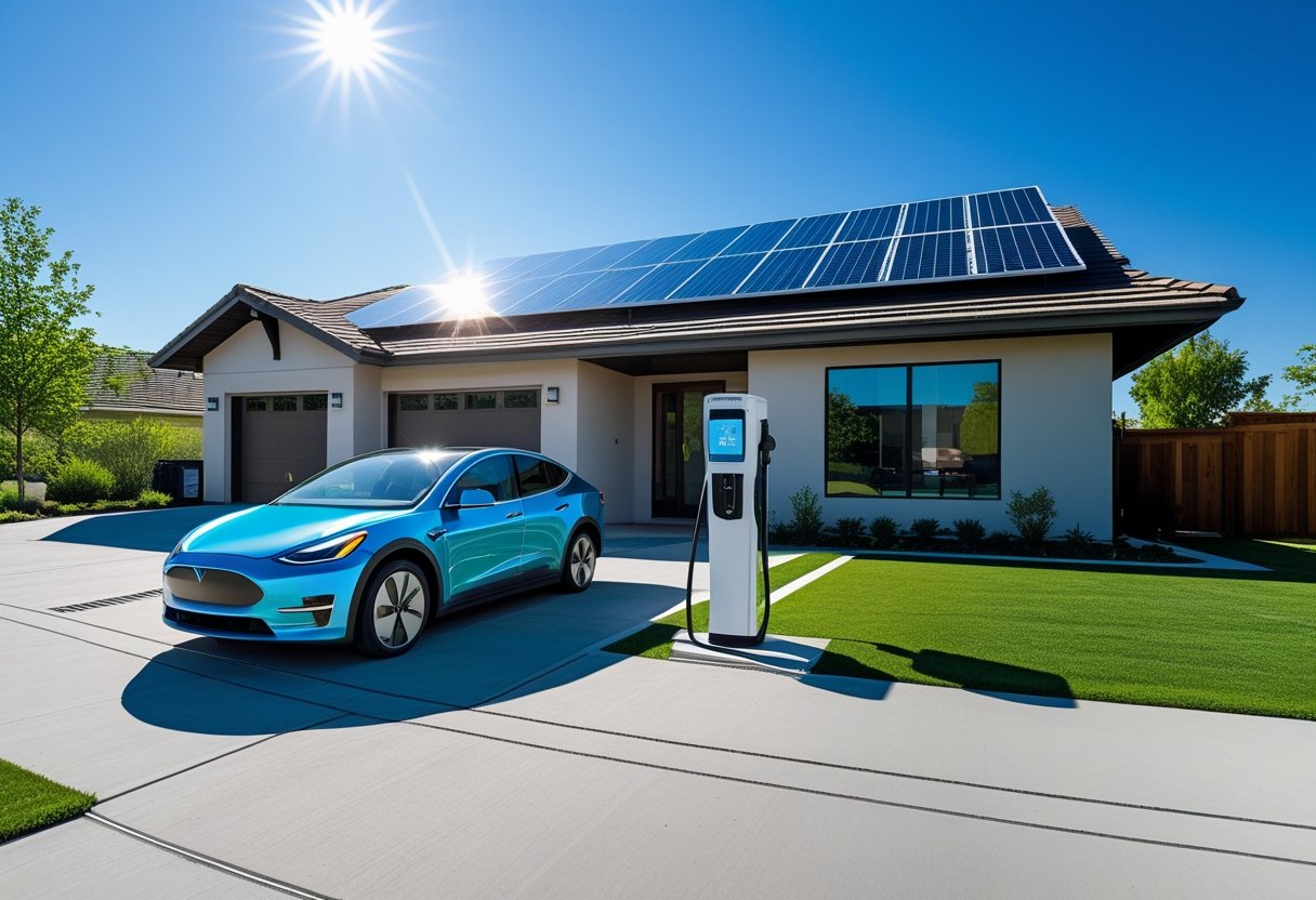 Ein Elektroauto wird an einer Ladestation vor einem Haus mit Solarpaneelen auf dem Dach geladen.