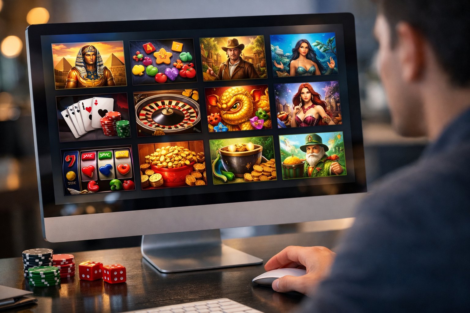A Person Selecting Casino Games On A Computer Screen Showing Various Game Icons In A Modern Workspace.