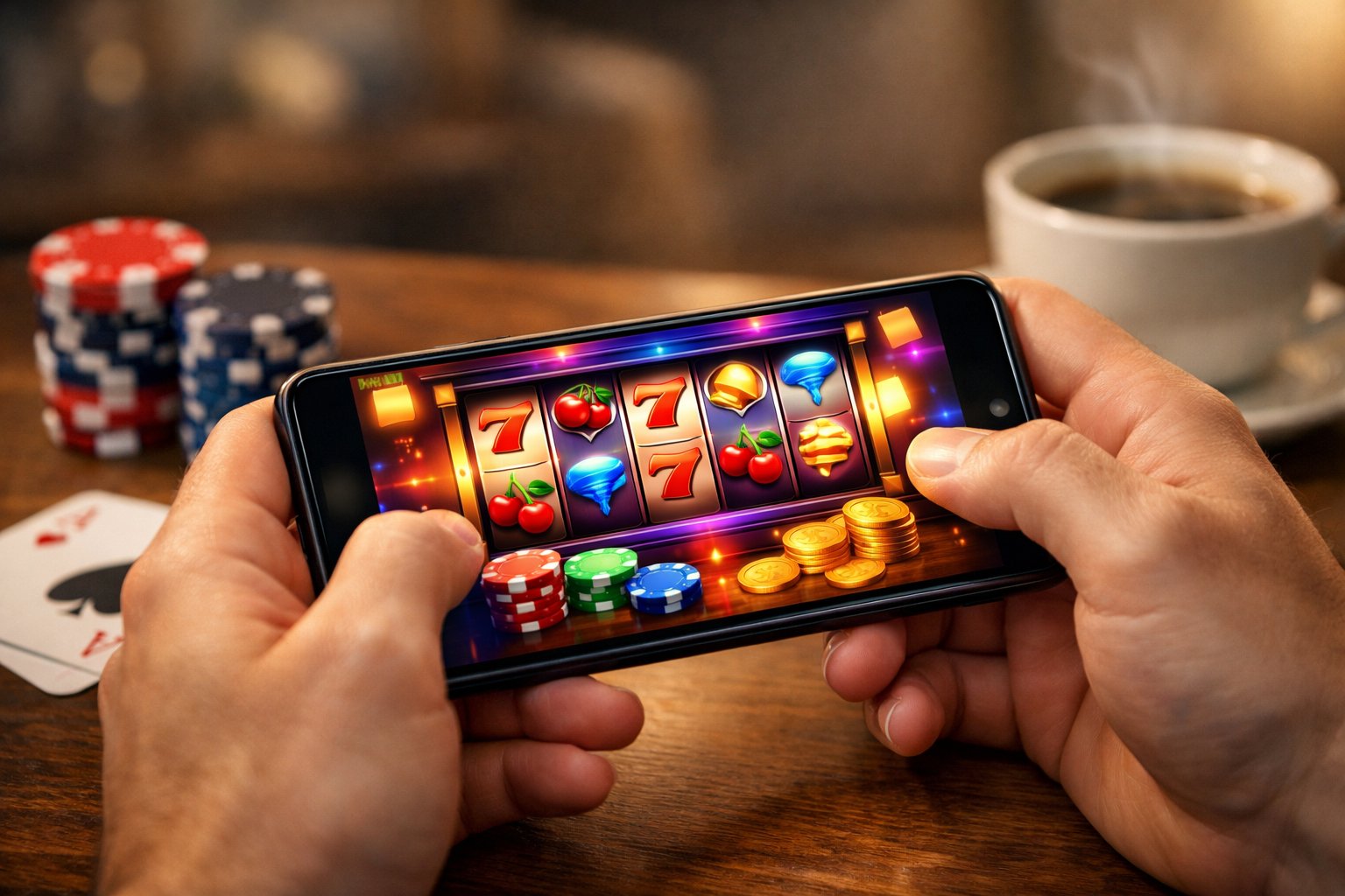 CloseUp Of Hands Holding A Smartphone Showing A Colorful Casino Game, With Poker Chips And Playing Cards On A Table Nearby.