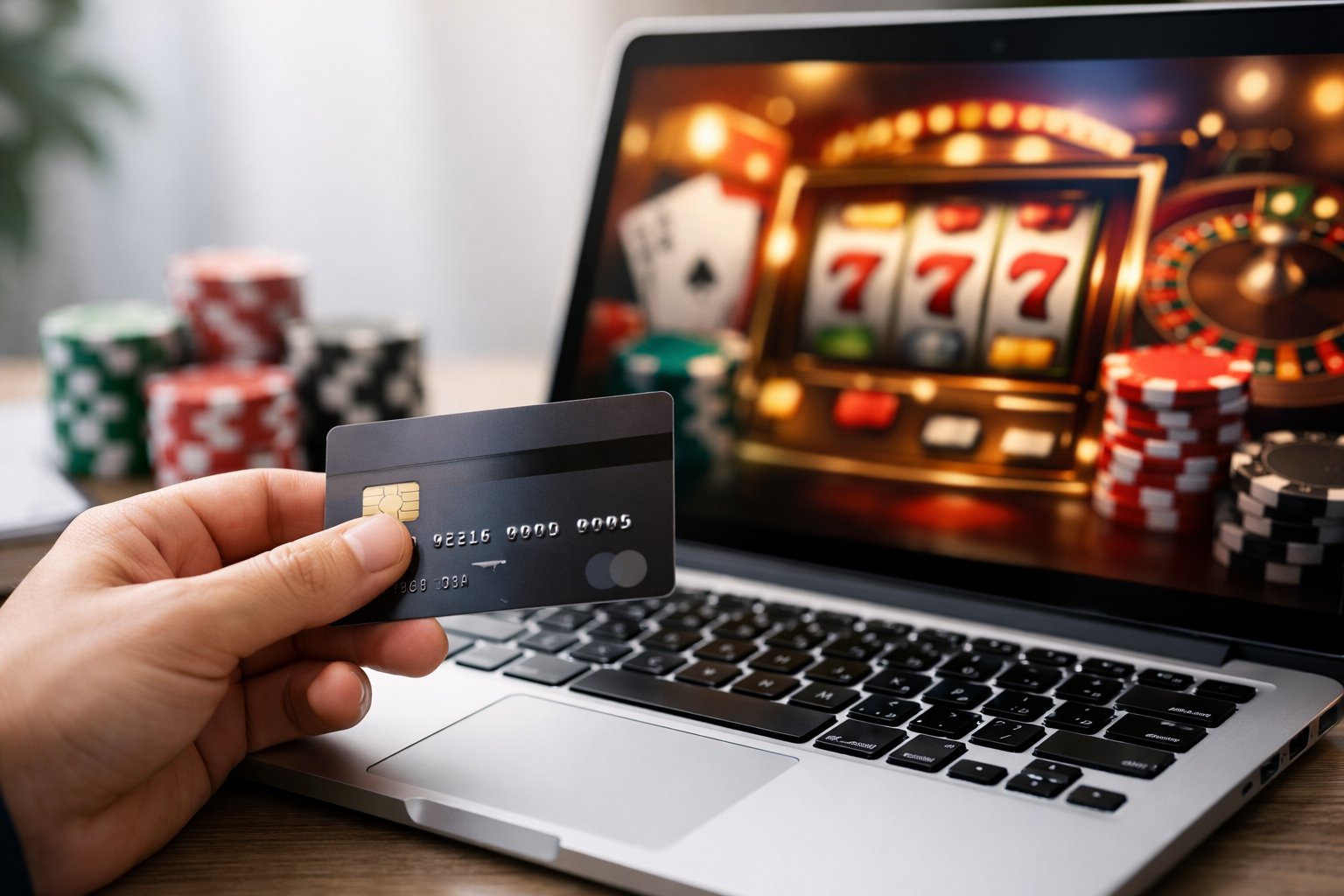 A Hand Holding A Credit Card Near A Laptop Showing An Online Casino Interface With Poker Chips And Playing Cards In The Background.