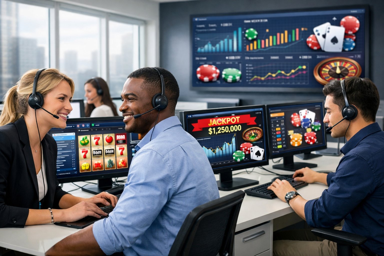Customer Support Team Working At Desks With Headsets And Computers In A Bright Office.