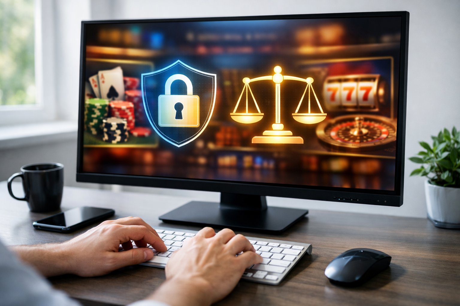 A Person Using A Computer Displaying A Secure And Fair Online Casino Interface With Icons Representing Security And Fairness.