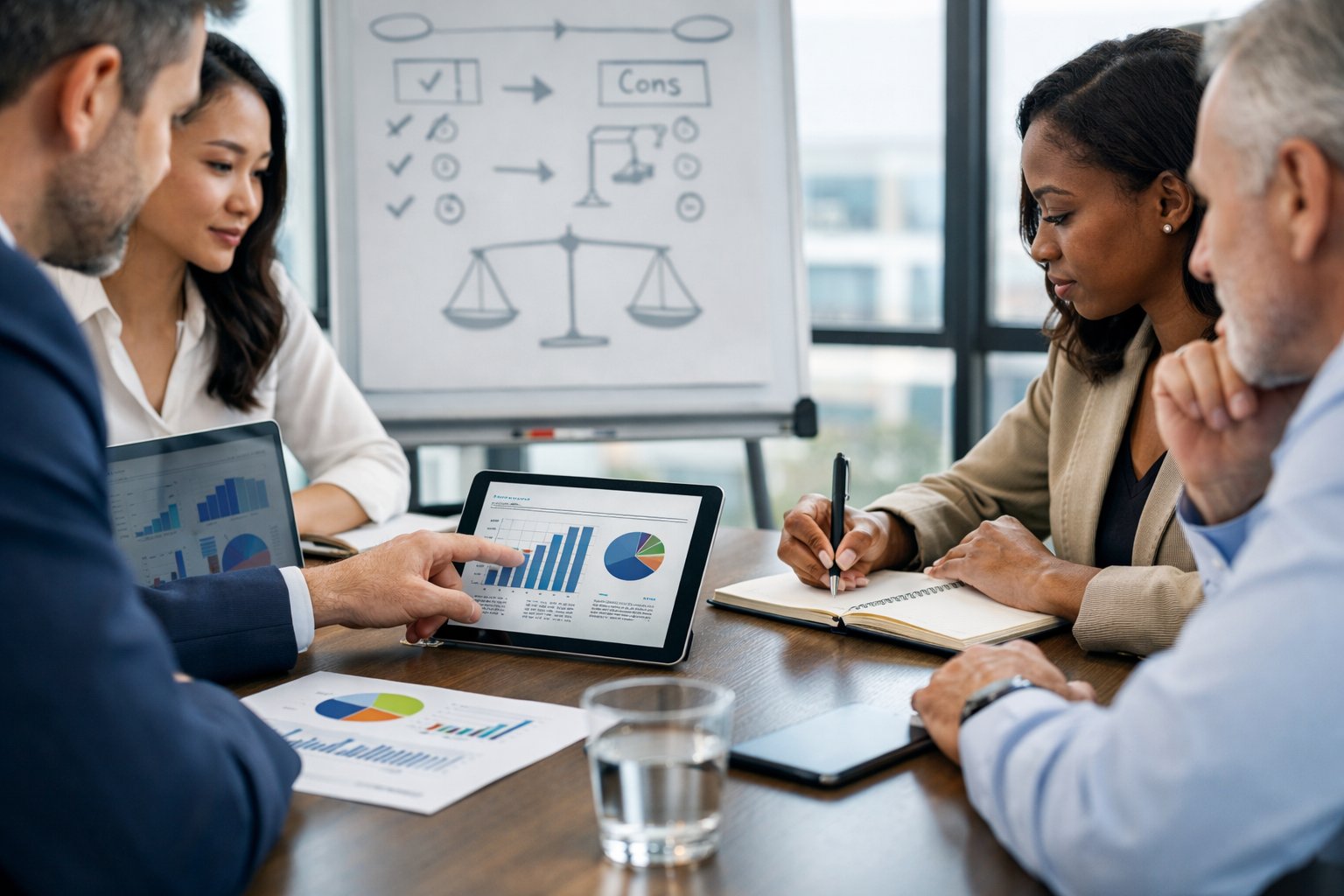 A Group Of Professionals Discussing And Analyzing Data Around A Conference Table In A Bright Office.