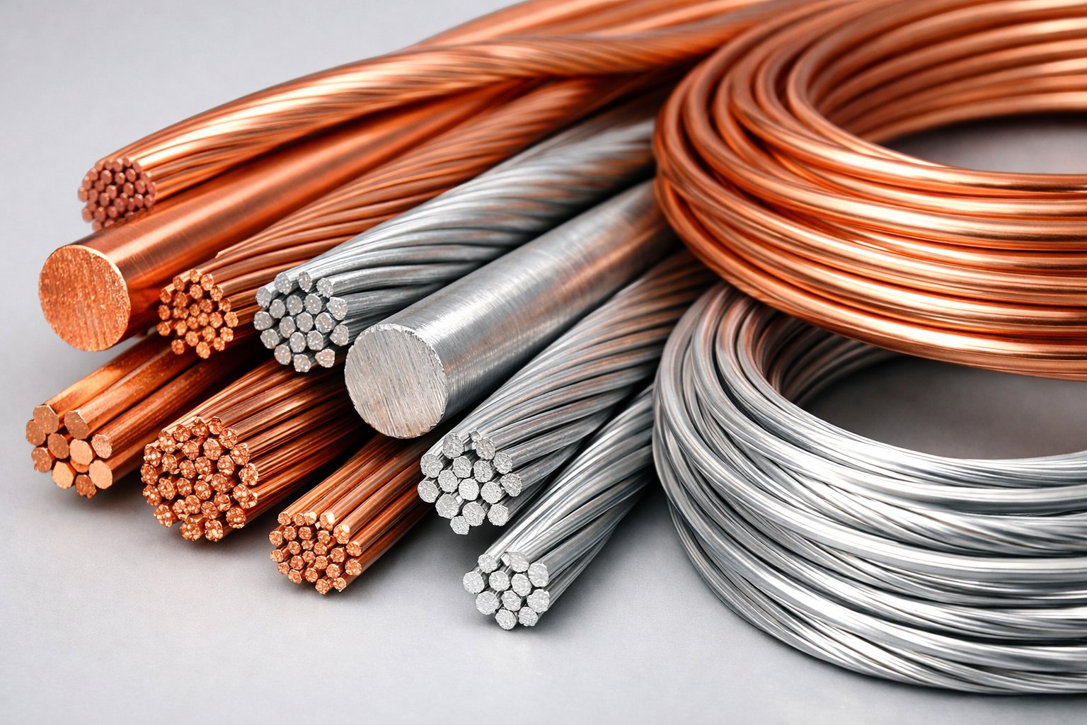 Close-up view of different electrical wires made from copper, aluminum, and stranded materials arranged on a neutral background.