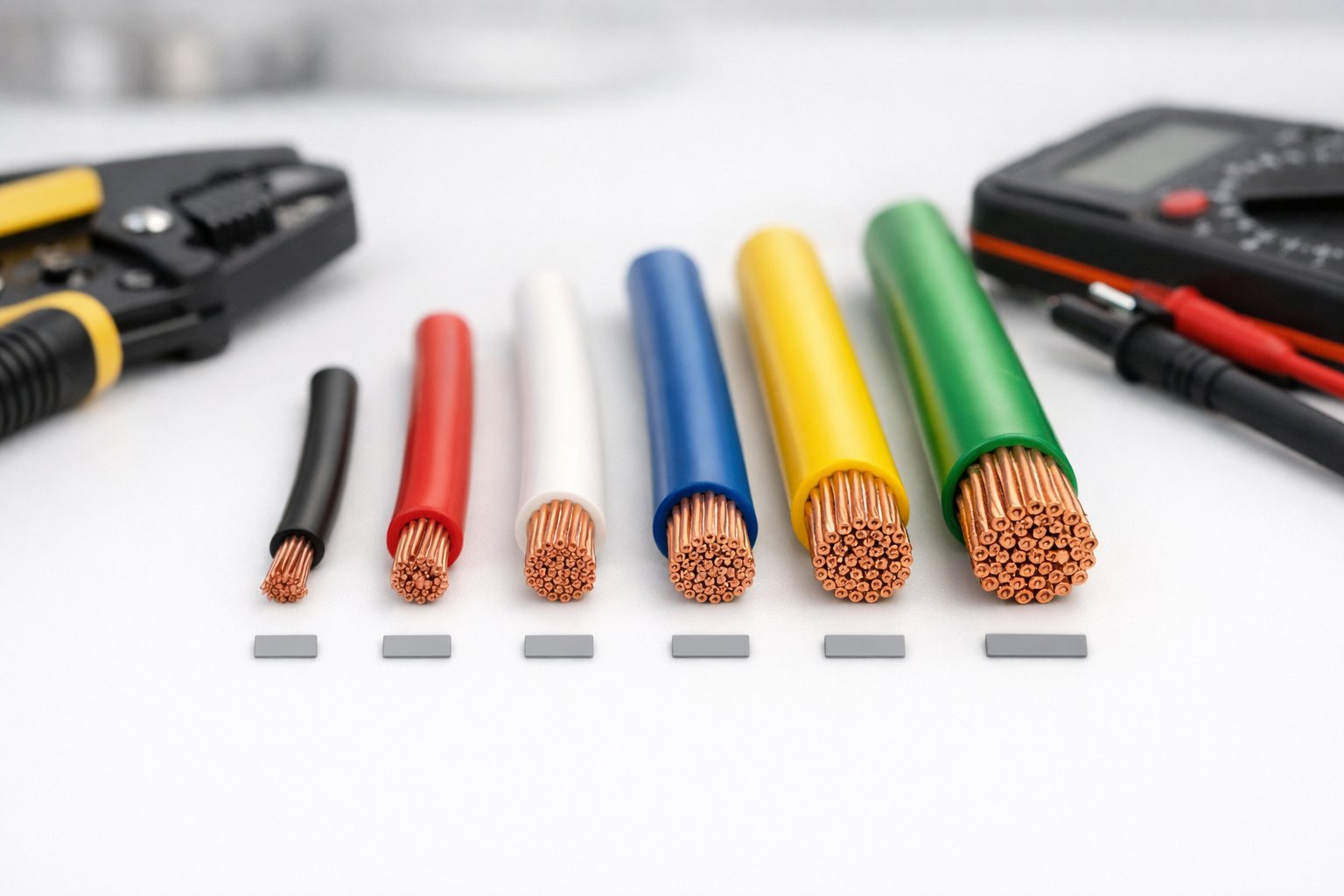A set of electrical wires of different thicknesses arranged on a white surface with tools nearby, showing variations in wire gauge sizes.
